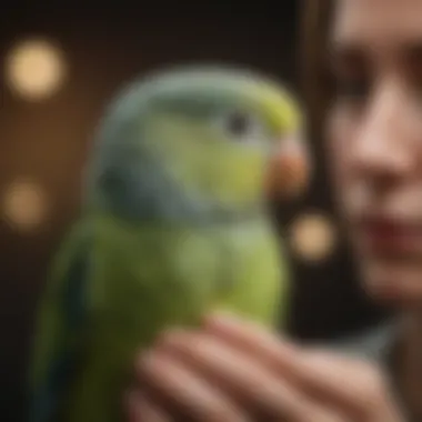 A person gently grooming a parakeet, illustrating proper care techniques.