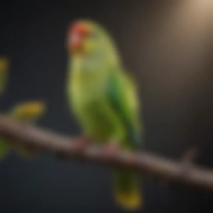 A vibrant parakeet perched on a branch, showcasing its colorful feathers.