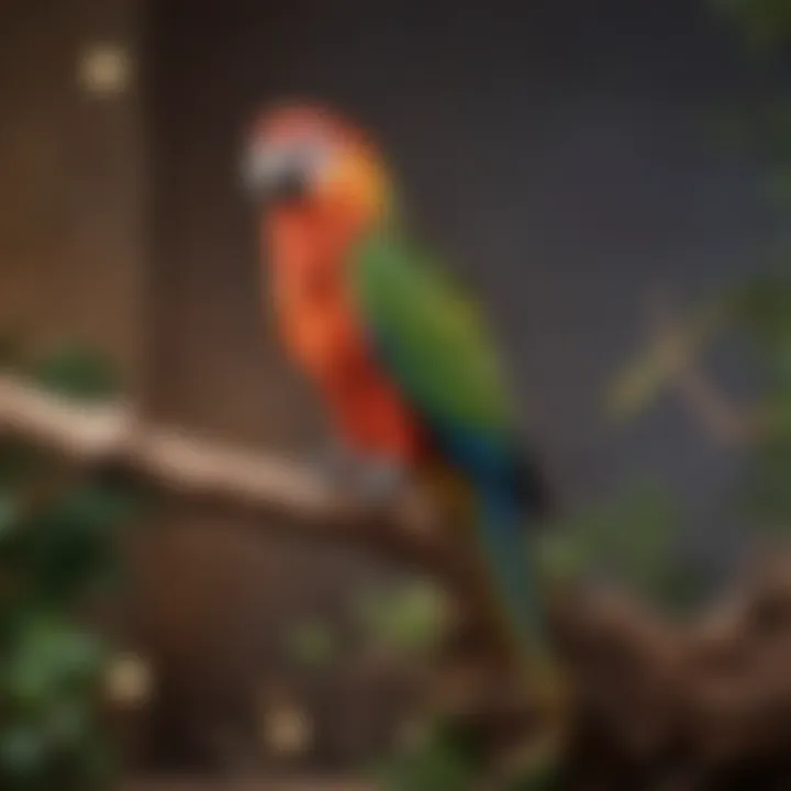 A vibrant parrot perched on a natural wood branch, highlighting the interaction between birds and their perches.