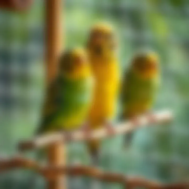 Variety of Perches for Enjoyable Budgie Habitats Budgies enjoying various perch types