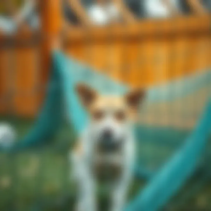 Pet safely contained within a nylon fence netting area