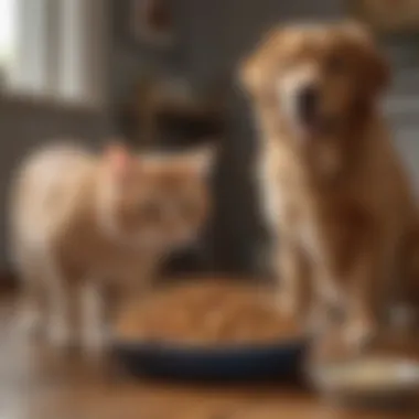 Happy dog and cat beside a bowl of food