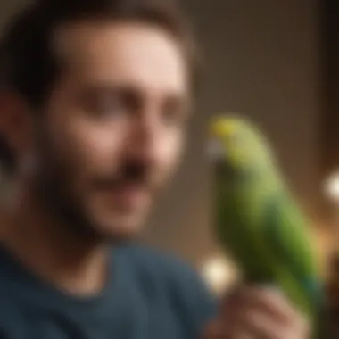 A joyful pet owner interacting with their parakeet.