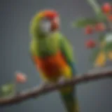 A vibrant parakeet perched on a branch with a colorful backdrop.