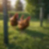 A portable electric fence setup for chickens in a lush green field