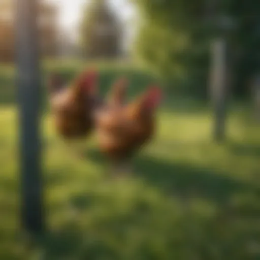 A portable electric fence setup for chickens in a lush green field