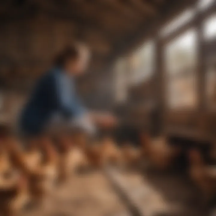 Poultry owner managing chickens in a mobile hen house