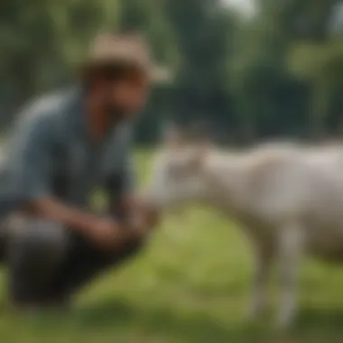 A farmer examining the pasture quality for sustainable goat farming.