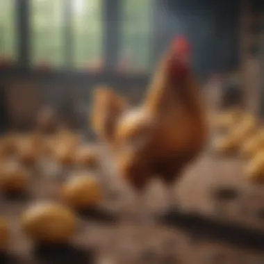 Chickens exhibiting natural behaviors in a spacious environment.