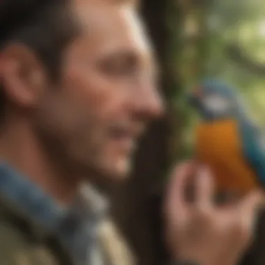 A person interacting with a bird, highlighting the bond between pet and owner.