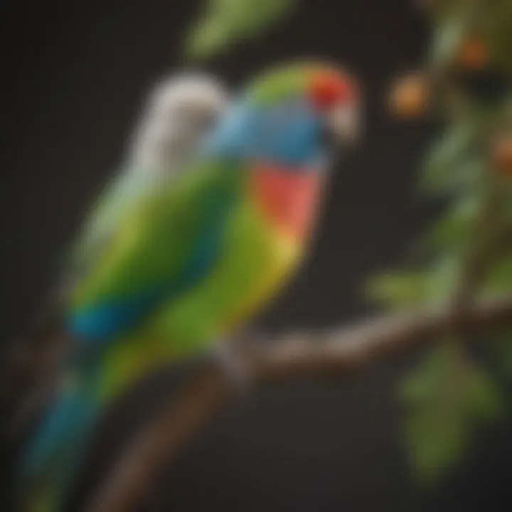 A vibrant parakeet perched on a branch, showcasing its colorful plumage.