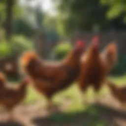 Rhode Island Red chickens in a sunny backyard