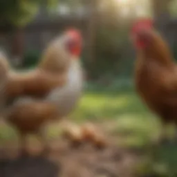 A diverse selection of chicken breeds in a backyard setting