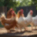 Diverse chicken breeds in a sunny backyard