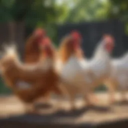 Diverse chicken breeds in a sunny backyard