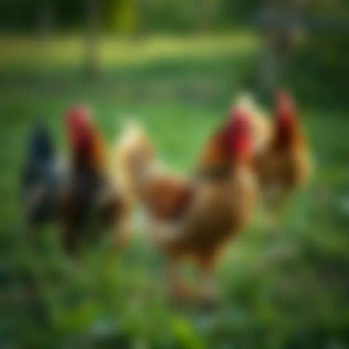 Healthy chickens roaming freely in a pasture