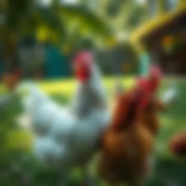 Variety of chicken breeds in a lush backyard setting