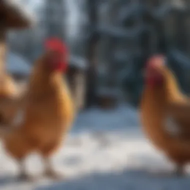 Healthy chickens engaged in natural behaviors in winter