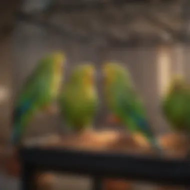 A well-equipped parakeet cage with toys and perches
