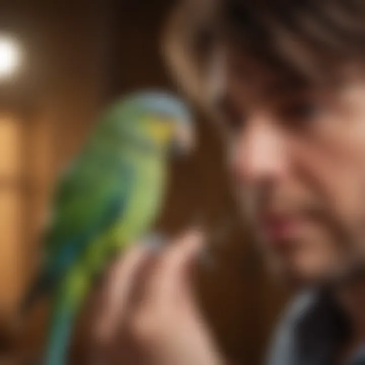 A person interacting lovingly with a parakeet