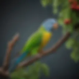 Vibrant parakeets perched on a colorful branch