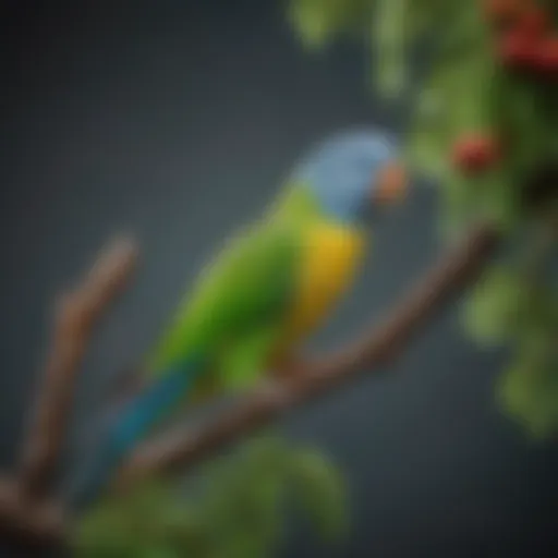 Vibrant parakeets perched on a colorful branch