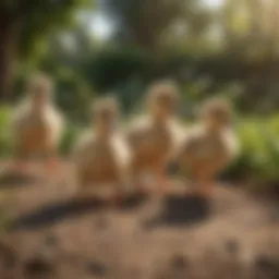 A group of runner ducklings waddling in a sunny garden