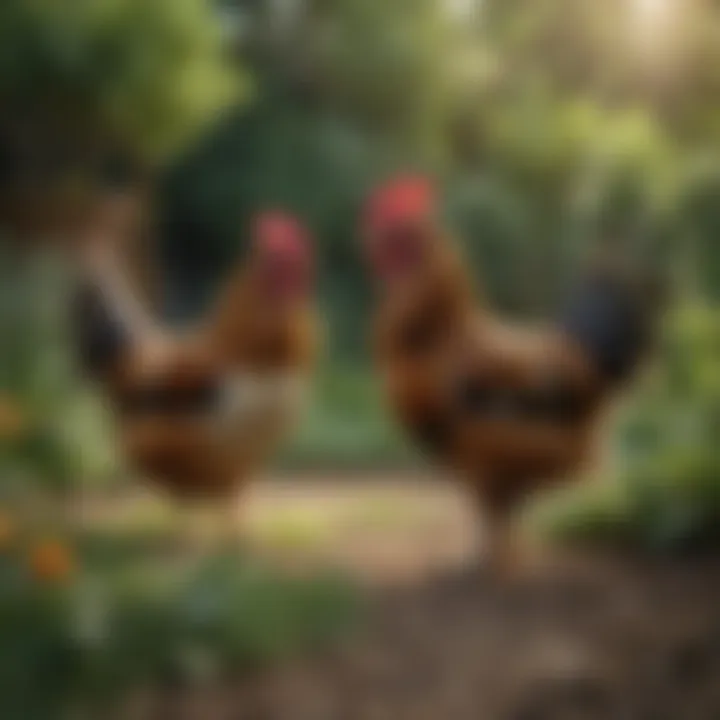 An outdoor scene featuring Sebright Bantams in a lush garden environment.