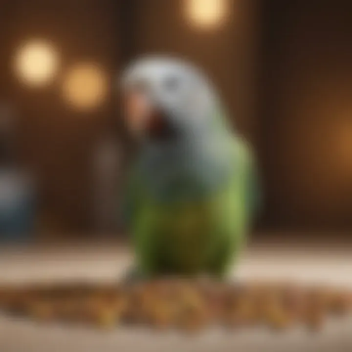 A parakeet energetically enjoying its meal of pellets.