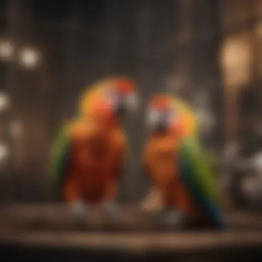 Parrots enjoying enrichment activities inside a large cage