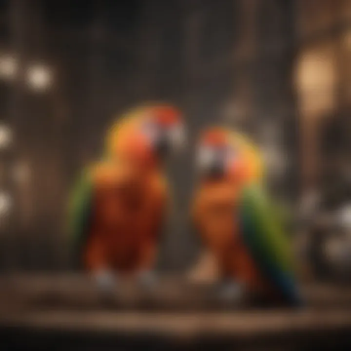Parrots enjoying enrichment activities inside a large cage