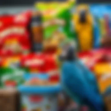 Variety of macaw food brands on display
