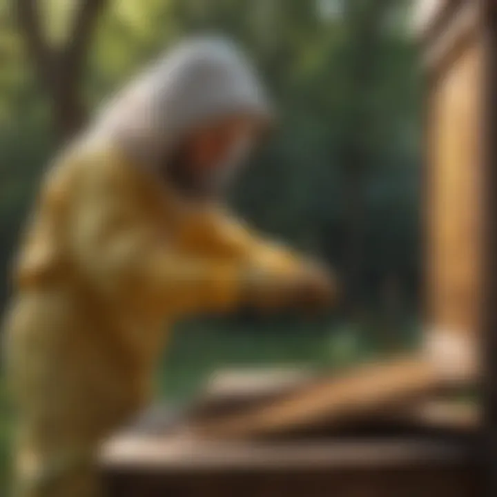 A beekeeper performing maintenance on the hive