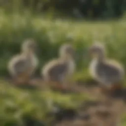 A group of Silver Appleyard ducklings waddling in a grassy field