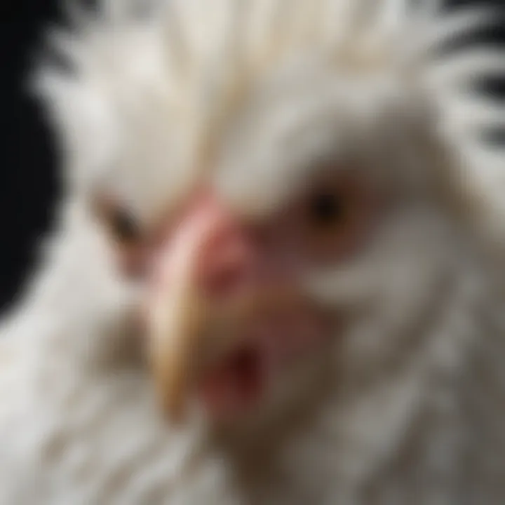 Close-up of a small white chicken showcasing its unique feather patterns and structure