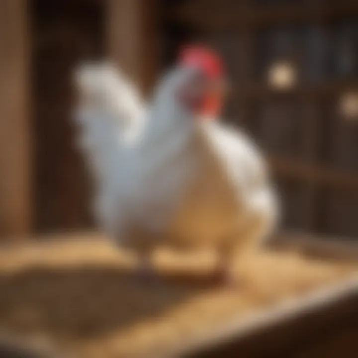 A small white chicken breed pecking at feed in a cozy coop environment