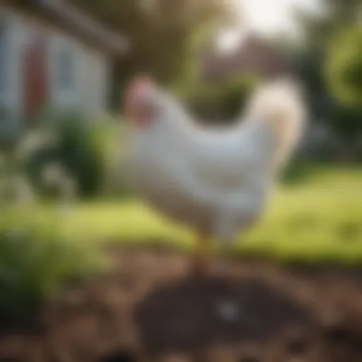 A serene backyard setting featuring a small white chicken breed exploring the grass