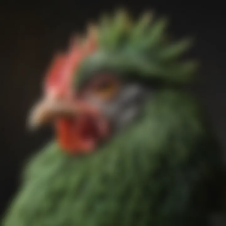 A close-up of a Starlight Green Egger chicken displaying its distinctive feather patterns