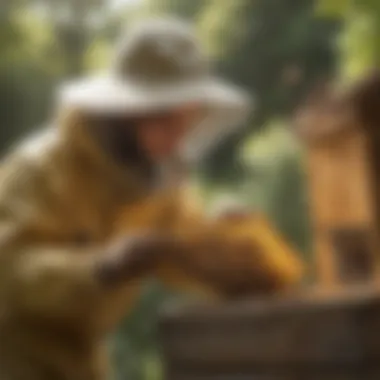 A person observing a thriving beehive, reflecting the joy and responsibility of engaging in sustainable beekeeping.