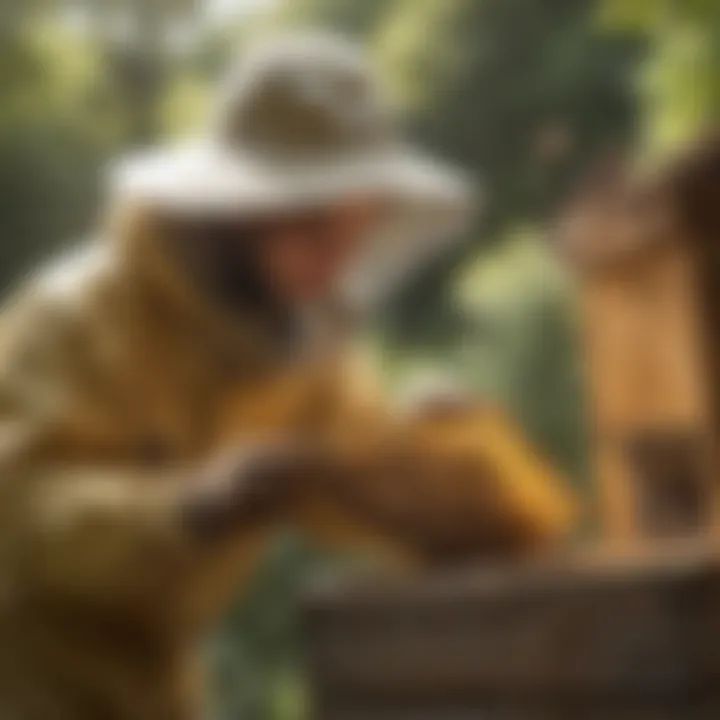 A person observing a thriving beehive, reflecting the joy and responsibility of engaging in sustainable beekeeping.