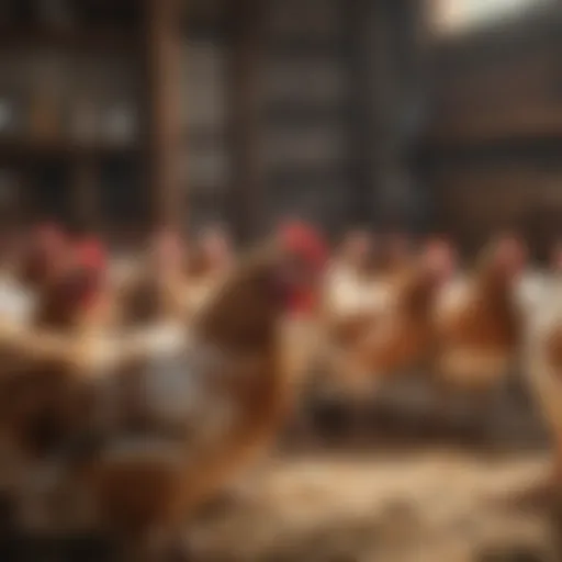 Diverse breeds of laying hens in a sunny coop