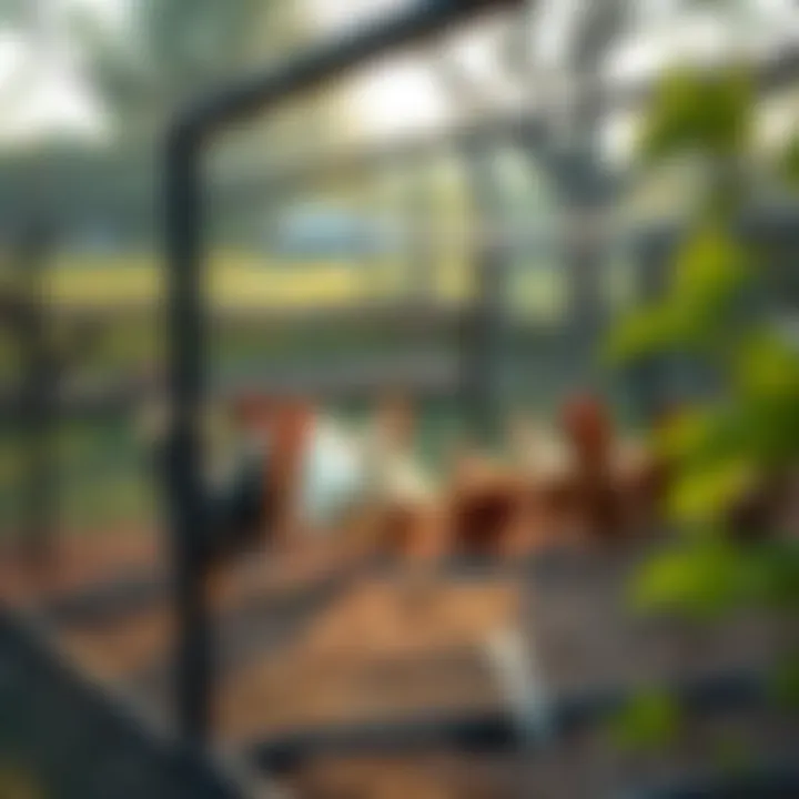 Protected Chicken Enclosure A secure chicken pen with netting overhead to deter hawks