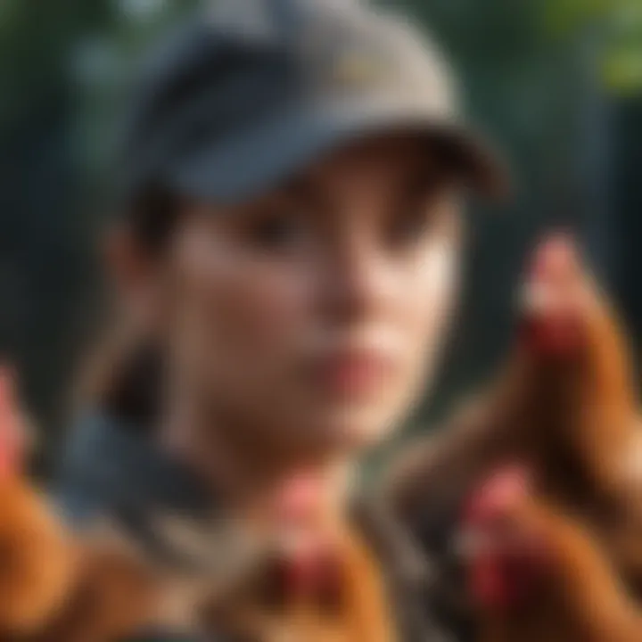 A vigilant chicken keeper monitoring the surroundings