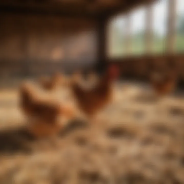 Close-up of straw bedding with healthy chickens in a coop