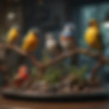 Diverse Bird Stand Featuring Multiple Species Colorful table top bird stand showcasing various bird species.