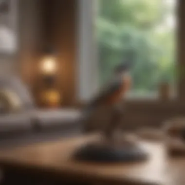 Bird Stand Integrated into Cozy Living Space Table top bird stand in a cozy living room setting.