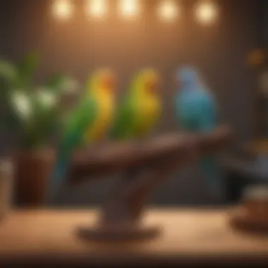 Aesthetic Wooden Bird Stand with Parakeets Elegant wooden table top bird stand with vibrant parakeets perched.