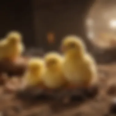 Newly hatched chicks in a cozy brooder.