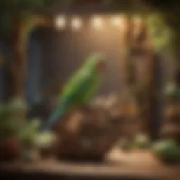 A beautifully arranged parakeet habitat with natural elements
