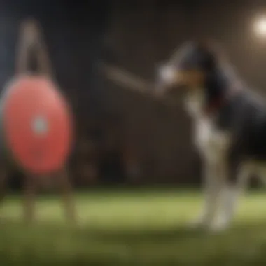 A dog intently following a target stick held by its trainer.